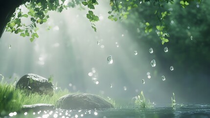 Poster - A 3D forest fog with floating 2D mist and dew drop icons, creating a mysterious and serene atmosphere, 4k resolution, ultra-realistic, uncluttered background