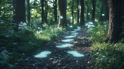 Poster - A 3D trail through dense trees with floating 2D footprints and plant icons, representing exploration and adventure, 4k resolution, ultra-realistic, uncluttered background