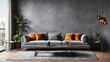 © Bestocker - Cozy living room interior with couch and grey wall. Generative ai