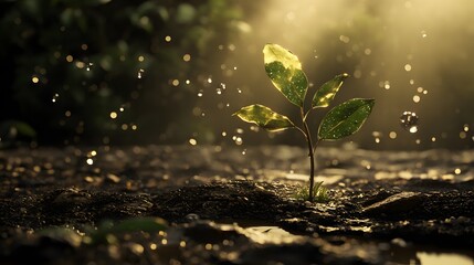 Poster - A 3D sapling emerging from the ground with floating 2D sunlight and water droplet icons, representing growth and regeneration, 4k resolution, ultra-realistic, uncluttered background