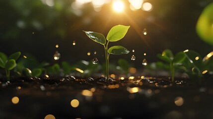 Poster - A 3D sapling emerging from the ground with floating 2D sunlight and water droplet icons, representing growth and regeneration, 4k resolution, ultra-realistic, uncluttered background