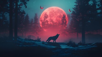 Poster - A 3D wolf howling at the edge of a forest with floating 2D moon and echo icons, creating a haunting night scene, 4k resolution, ultra-realistic, uncluttered background