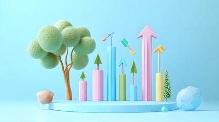 Poster - A creative 3D performance report with growth icons like trees, arrows, and rising bars popping out, giving an environmental touch on a pastel blue background, 4k resolution, no background, no shadow