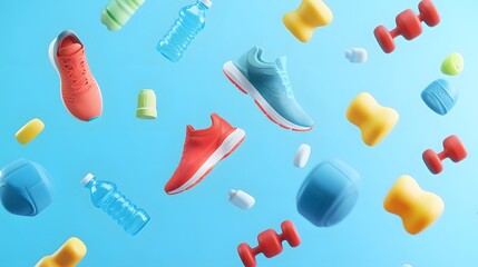 Poster - A 3D fitness report with icons of running shoes, weights, and water bottles floating up, creating an active vibe on a light blue background, 4k resolution, no background, no shadow