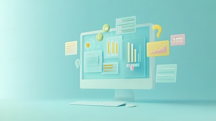 Poster - A 3D computer display with project management icons like task lists, timelines, and progress bars floating out of the screen, on a pastel blue background, 4k resolution, no background, no shadow, no