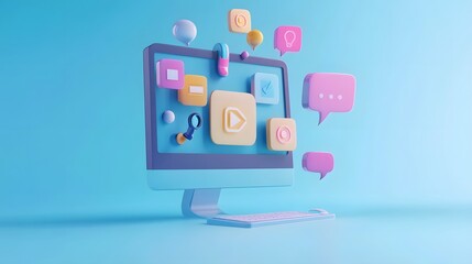 Poster - A monitor with communication icons like chat bubbles, video call symbols, and microphones emerging, set on a soft blue background, 4k resolution, no background, no shadow, no text