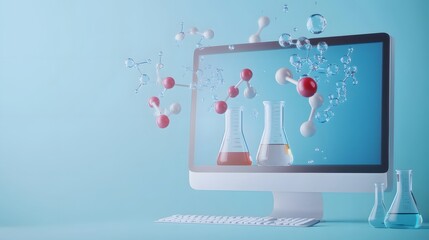 Poster - A computer screen with science icons like beakers, test tubes, and molecules popping out, giving an educational feel on a pastel blue background, 4k resolution, no background, no shadow, no text