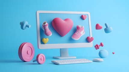 Poster - A 3D-rendered office computer with fitness icons like dumbbells, shoes, and heart rate popping out of the screen, on a vibrant blue background, 4k resolution, no background, no shadow, no text