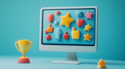 Poster - A monitor with motivational icons like stars, trophies, and thumbs up emerging in 3D, creating an uplifting theme on a soft blue background, 4k resolution, no background, no shadow, no text