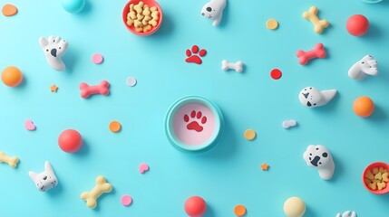 Poster - A screen with pet care icons like paw prints, bones, and food bowl symbols popping out in 3D, creating an animal-friendly vibe on a pastel blue background, 4k resolution, no background, no shadow, no