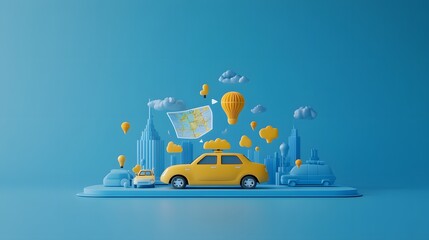 Poster - A desktop display with transport icons like car, bus, and map symbols emerging, creating a travel-oriented feel on a calm blue background, 4k resolution, no background, no shadow, no text