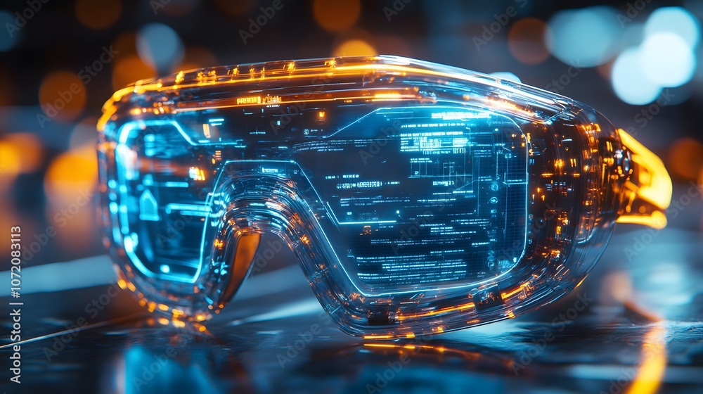 Futuristic AR glasses displaying a holographic HUD with neon blue ...