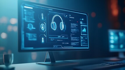 Poster - A computer screen with customer service icons such as headset, speech bubble, and support agent symbols popping out, creating a client-focused look, on a rich blue background, 4k resolution, no