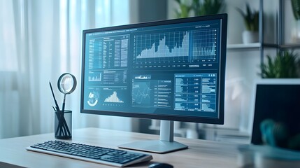 Poster - A monitor with analytics icons like line graph, magnifying glass, and data chart emerging from the display, providing a data analysis theme, on a soft blue background, 4k resolution, no background,