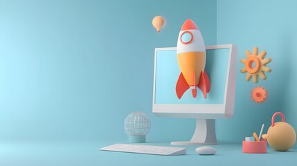 Poster - A 3D desktop computer with startup icons like rocket, light bulb, and gear popping out, symbolizing innovation and business creation, on a calm blue background, 4k resolution, no background, no
