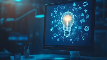 Poster - A desktop screen with brainstorming icons like idea bulb, puzzle pieces, and solution pathway emerging from the display, representing strategic planning, on a calm blue background, 4k resolution, no