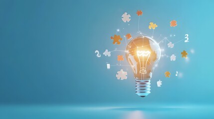 Poster - A desktop screen with brainstorming icons like idea bulb, puzzle pieces, and solution pathway emerging from the display, representing strategic planning, on a calm blue background, 4k resolution, no