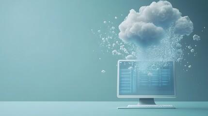 Aufkleber - A business computer with cloud computing icons like cloud, upload, and server symbols popping out, representing digital storage, on a light blue background, 4k resolution, no background, no shadow,