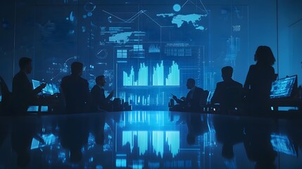 Poster - A group of C-level professionals discussing market trends, with icons like bar graphs, upward arrows, and data charts popping out from the center, on an uncluttered blue background, 4k resolution, no
