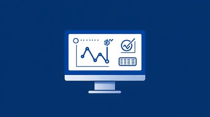 Poster - A computer screen with financial forecasting icons such as line graph, analysis chart, and future trend arrow popping out, giving a predictive look, on a rich blue background, 4k resolution, no