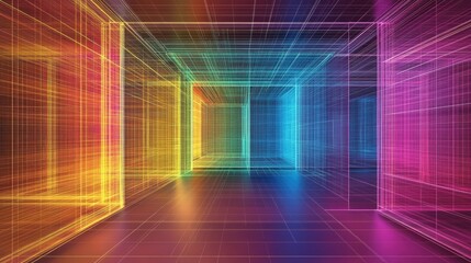 Poster - Colorful Abstract Neon Grid Room in Perspective