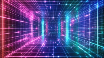Poster - Neon Grid Tunnel in Futuristic Space Environment