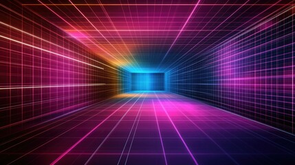 Poster - Futuristic Neon Grid Tunnel with Vibrant Colors