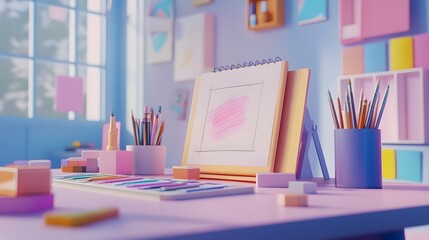 Poster - A creative workspace with a 3D sketchpad on the desk, surrounded by floating 2D design icons like color palettes and brushes, representing artistic work, 4k resolution, ultra-realistic, uncluttered