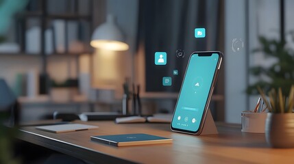 Poster - A 3D office scene with a smartphone charging on the desk and 2D notification icons floating around it, representing connectivity, 4k resolution, ultra-realistic, uncluttered background