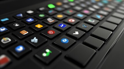 Poster - A 3D keyboard with 2D social media icons like thumbs up and shares floating above, simulating online marketing work in a professional setting, 4k resolution, ultra-realistic, uncluttered background