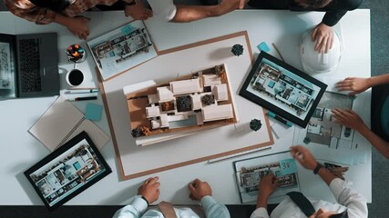 Poster - top view of manager shaking hand and clapping hands to celebrate project. aerial view of architect e