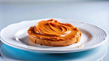 Poster - A single slice of toasted bread topped with a generous amount of peanut butter, resting on a white plate with a subtle blue reflection underneath.