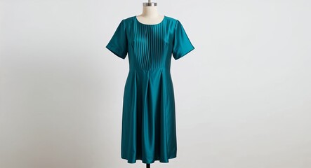 Wall Mural - Teal silk shift dress with pleated front and short sleeves display on plain white background