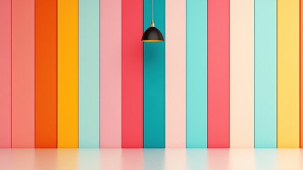 Poster - Colorful striped wall with a pendant lamp, modern interior design concept.