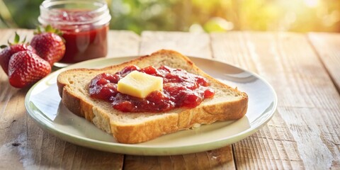Poster - A slice of toasted bread with a generous serving of red fruit jam and a pat of butter, set on a white plate against a backdrop of a warm, sun-drenched wooden table.
