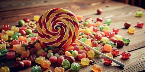 Poster - A colorful lollipop rests amidst a vibrant assortment of candies, creating a delightful scene of sweetness and playful indulgence.