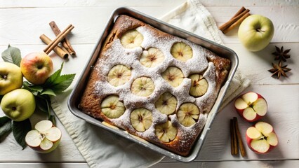 Aufkleber - A freshly baked apple cake with a sprinkle of powdered sugar and cinnamon sticks on a white wooden table