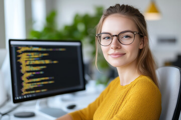young woman with glasses, smiling at the camera while sitting in front of a monitor displaying code.