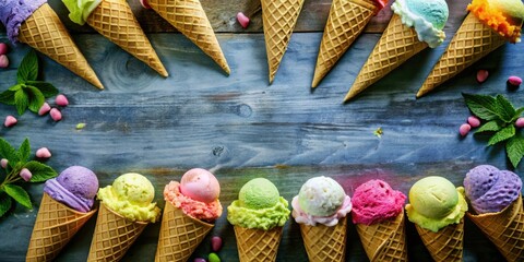 Aufkleber - A collection of colorful ice cream cones on a rustic wooden surface, showcasing a vibrant display of summer treats.