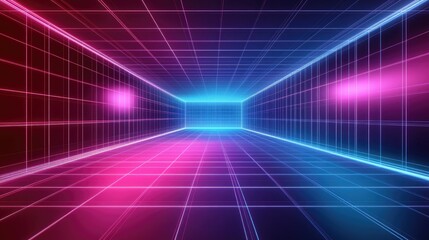 Poster - Futuristic Neon Grid Background with Light Effects