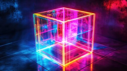 Poster - Vibrant Neon Cube in a Dark Environment
