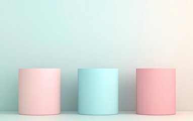 Poster - Abstract display featuring cylindrical podiums in pastel pink and blue shades, with a subtle gradient background and soft shadows, ideal for a modern product layout