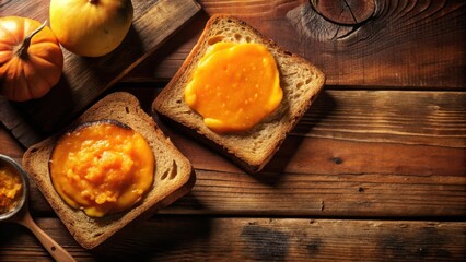 Poster - Two Slices of Toast Topped with Pumpkin Butter and Fresh Pumpkins on a Wooden Surface