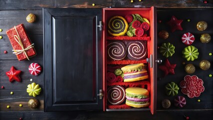 Aufkleber - A festive box overflowing with colorful treats and decorations, perfect for a special occasion or celebration.