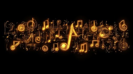 Poster - Golden Musical Notes on Black Background