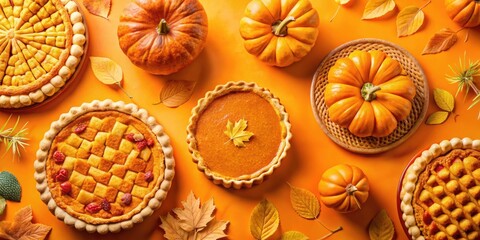 Poster - A Thanksgiving Feast with Pumpkin Pie, Cranberry Pie, and Pumpkins on a Vibrant Orange Background