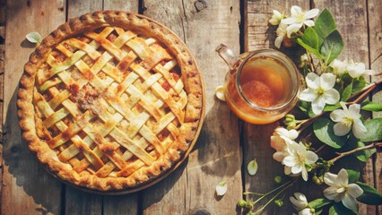 Aufkleber - A Rustic Apple Pie with a Lattice Crust and a Glass of Honey on a Weathered Wooden Table