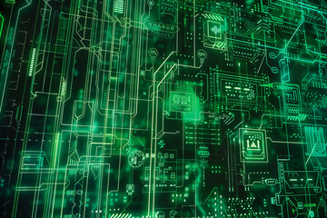 Poster - Abstract cyber tech background with intricate digital codes, holographic circuit patterns, and faint neon glows in a dark setting.