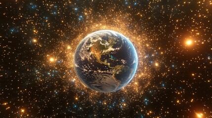 Poster - Earth in Cyberspace Surrounded by Stars and Energy
