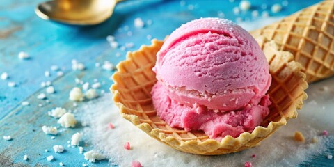 Aufkleber - A close-up of a single scoop of pink ice cream nestled in a crispy waffle cone, dusted with sugar crystals and scattered on a blue background.